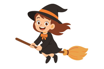Silhouette of a young girl dressed as a witch flying on a broom on a black and white isolated background