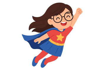A happy girl dressed as a superhero is depicted in mid-air with a lively posture, perfect for inspiring children's imagination, creative spirit, and sense of empowerment