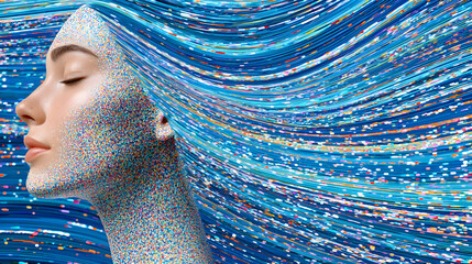 portrait of a human face dissolving into colorful particles and digital waves