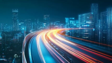Obraz premium Cityscape Highway Scene with Long Exposure Lights Showcasing Technology and Rapid Data Flow