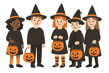 Vector illustration of children in costumes holding jack o' lantern buckets