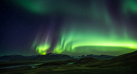 Capture the Northern Lights over a famous Arctic location like Iceland or Norway, with dramatic landscapes beneath and no visible human presence.

