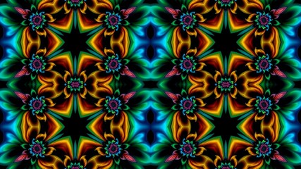 Seamless psychedelic digital pattern with vibrant multicolored ornamental shapes and abstract symmetry, perfect for backgrounds or textile design.