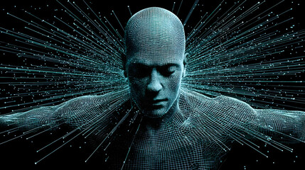 face emerging from tangled cables, circuits, and holographic particles.