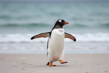 Naklejka premium King Penguin Aptenodytes patagonicus Chicks in Creche in the rain.a Gentoo penguin standing on a sandy beach, wings outstretched and one leg raised. penguin has a black head, white belly, 