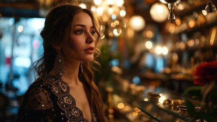 Young woman showcases elegance in illuminated marketplace at dusk, vibrant atmosphere filled with handcrafted items and cultural charm