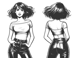 front and back view of a fashionable woman with short hair, crop top, and leather pants sketch engraving generative ai fictional character vector illustration. Scratch board. Black and white image.