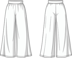 Wide leg pants front and back view, CAD drawing, garment sketch, stylish trousers vector illustration, clothing design, fashion template