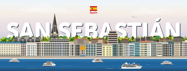 Obraz premium San Sebastian cityscape colorful vector illustration with big city name on the background. Travel trendy poster