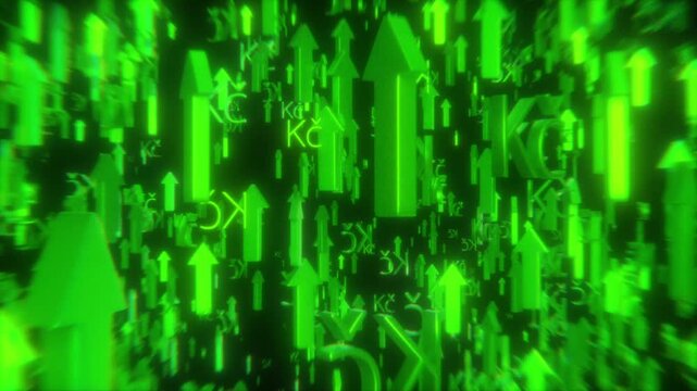 Green arrows rise with the Czech Koruna symbol (Kč), showing strong currency, economic growth, and market optimism. Ideal for forex, finance, and investment-related visuals