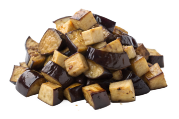 A pile of diced cooked eggplant pieces is shown. This transparent PNG image is isolated, showcasing wholesome vegetable cubes with a rich, inviting texture.