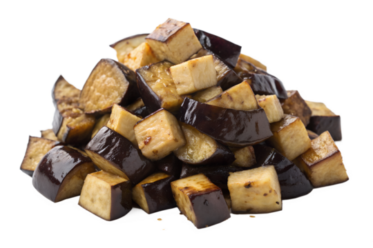 A pile of diced cooked eggplant pieces is shown. This transparent PNG image is isolated, showcasing wholesome vegetable cubes with a rich, inviting texture.