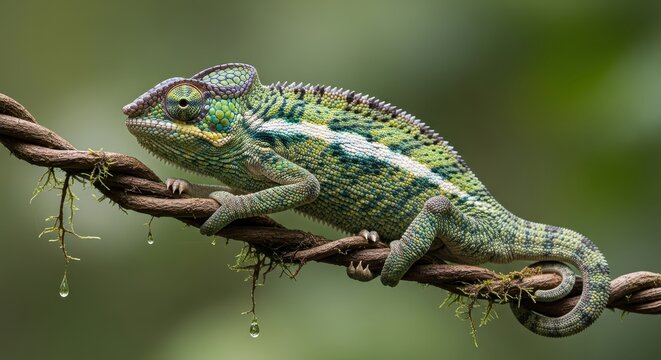 Green chameleon walking on wet branch