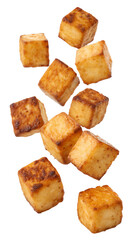 Golden brown crispy cubes are falling through the air. These isolated food pieces are shown on a clean transparent background, perfect as a PNG.
