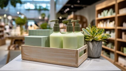 Gentle Green Wellness: Pastel Bath Products in Wooden Box, Presented with Affection in a Trendy, Plant-Decorated Store