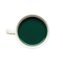 Aerial view of a green beverage in a white mug, set against a plain background, evoking calmness