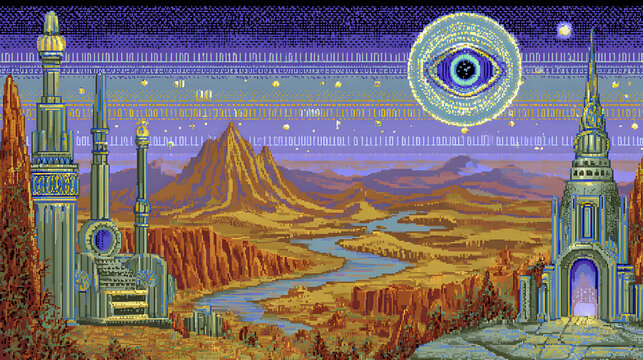 desert with pixelated sand dunes, hovering artifacts, and binary patterns in the wind.
