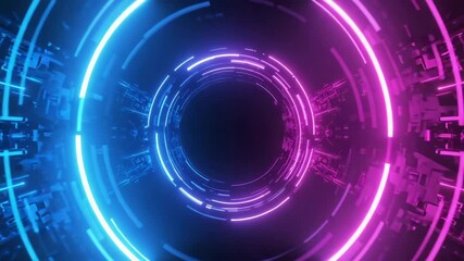 Vibrant Neon Light Tunnel with Glowing Blue and Pink Circles and Abstract Digital Patterns Concept Background - Powered by Adobe