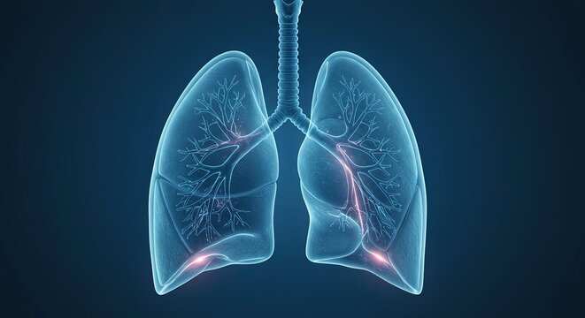 Human lungs with glowing red areas and branching airways