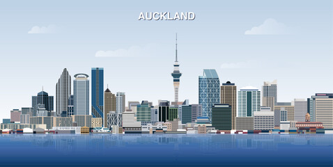 Fototapeta premium Auckland city skyline on gradient beautiful day sky background. Vector illustration