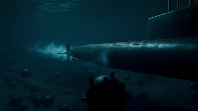 Submarine Navigating Quietly with Interior Red Lights During Underwater Night Patrol