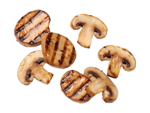 Delicious grilled mushroom slices showing distinct grill marks float randomly, presenting a healthy food option. This transparent png image is isolated.