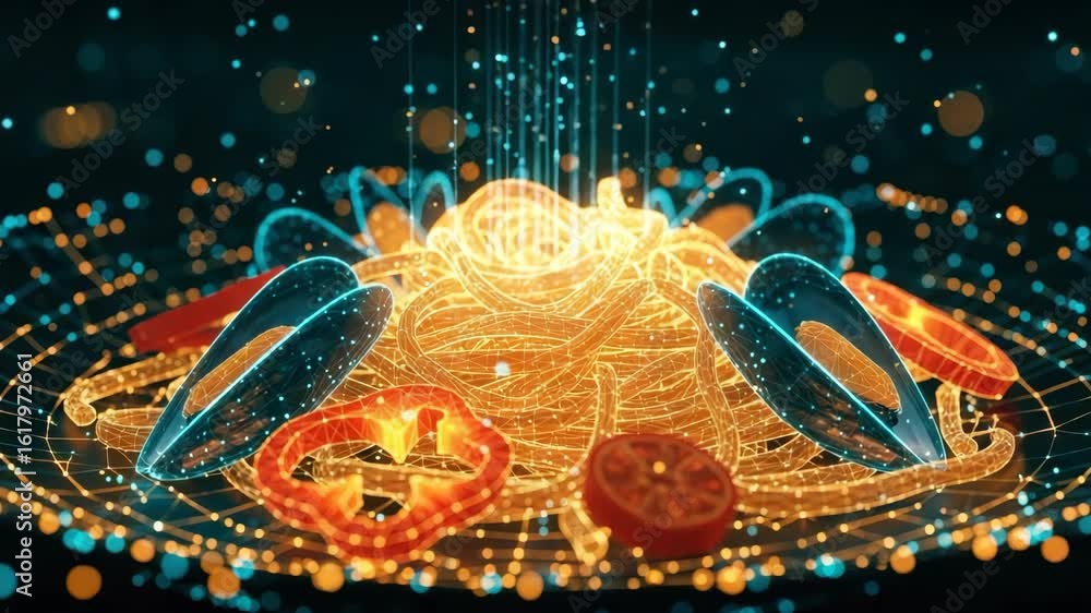 Poster a vibrant digital representation of a delicious pasta dish adorned with colorful vegetables surround