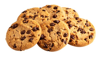 Delicious chocolate chip cookies stacked enticingly on a pristine white background
