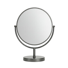 Fototapeta premium Elegant round mirror on a sleek stand, reflecting a minimalist room with soft lighting