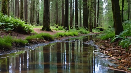 Obraz premium Nature's Mirror: A Quiet Forest Stream Reflecting the Green Canopy