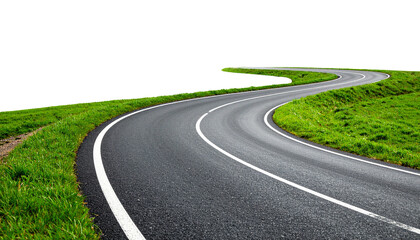 Curved countryside road with green grass edges, minimal design, isolated on transparent background.