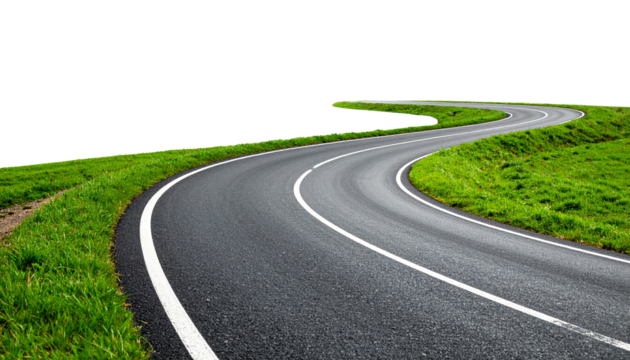 Curved countryside road with green grass edges, minimal design, isolated on transparent background.