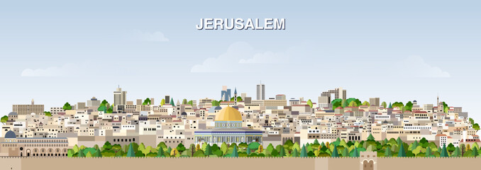 Obraz premium Jerusalem city skyline on gradient beautiful day sky background. Vector illustration