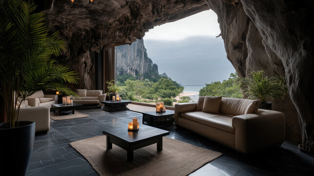 Luxurious modern cave lounge with elegant sofas, candlelight, stone walls, tropical plants, and scenic mountain view creates tranquil atmosphere