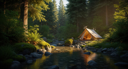 Cozy a frame tent nestled beside a sun dappled forest stream