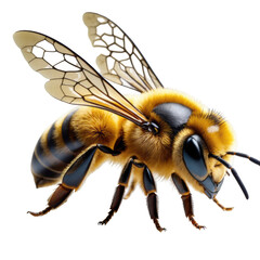 Honeybee flying with transparent wings against white background  