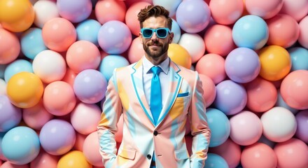 Stylish bearded businessman in colorful suit against vibrant balloon wall. Creative fashion portrait perfect for celebration and success concepts.