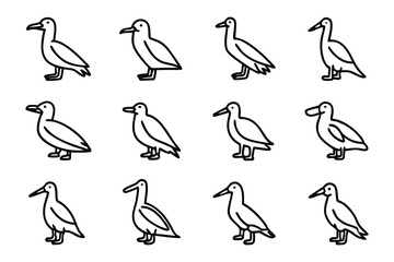 Bird Icon Set: A visually appealing icon set, featuring diverse avian representations perfect for designs and user interfaces. These black and white outlines offer adaptability for diverse projects.