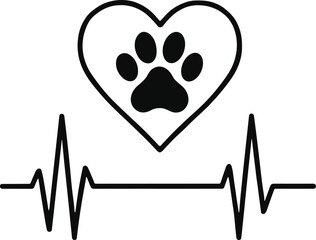 Heart and paw with EKG line, pet love icon, veterinary care symbol, animal health concept, clinic illustration, black vector design