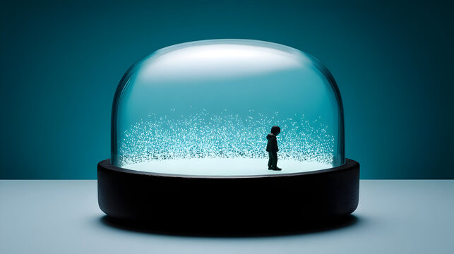 figure dissolving into particle streams beneath a glowing celestial dome.