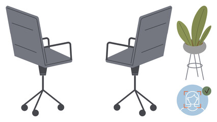 Two office chairs on wheels, a potted plant, and a face verification icon. Ideal for workplace, corporate environment, comfort, interior design, technology, security simple flat metaphor