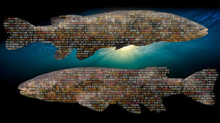 scene of robot fish swimming through coral made of code fragments.