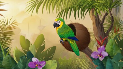 Vibrant green parrot perched in a lush tropical jungle setting amidst vibrant foliage and exotic flowers, exuding a sense of wild beauty and natural wonder.