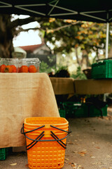 Close up of shopping baskets for vegetables on the local Farmers market. Close up.