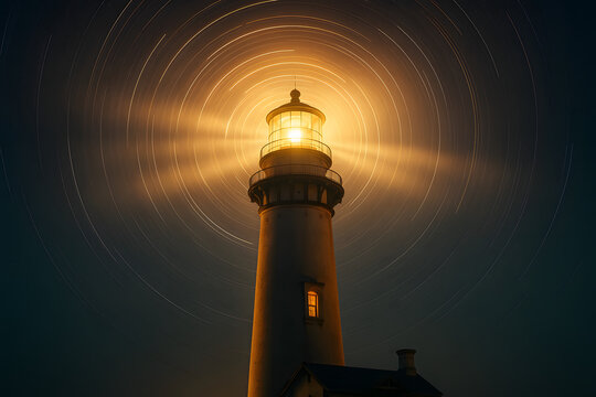 Beacon of Guidance: A striking low-angle shot captures the iconic lighthouse, illuminating the night sky with beams, serving as a steadfast symbol of guidance and hope. 