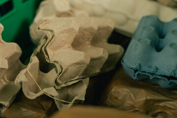 Close up of shopping packaging for vegetables on the local Farmers market. Close up