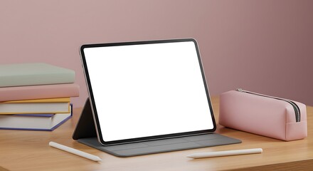 Fototapeta premium A digital tablet with a blank screen sits on a wooden desk, surrounded by books and a pencil case.