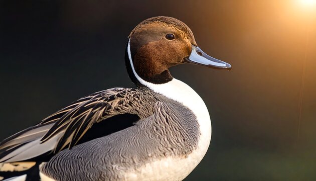 Close up portrait of a Northern Pintail duck under golden light, nature beauty