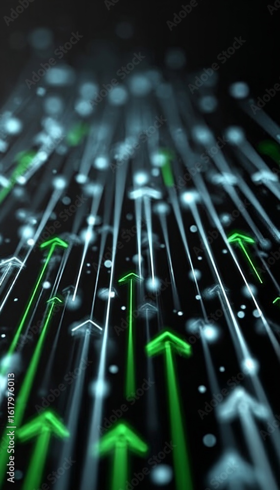 Poster dynamic data visualization with upward arrow shapes in modern digital art concept for growth