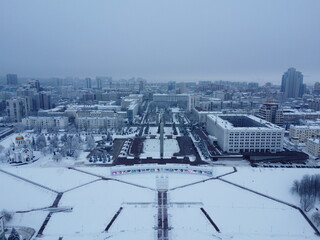 Winter aerial view of snowy city in Russia – drone panoramic footage